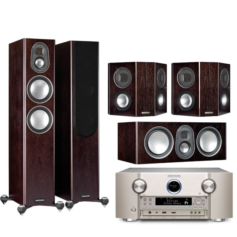 Monitor Audio Gold 200 5.0 Home Theatre Package (Walnut) and Marantz SR8015  Amplifier (Silver) Plus FREE QED Cables Worth R5000